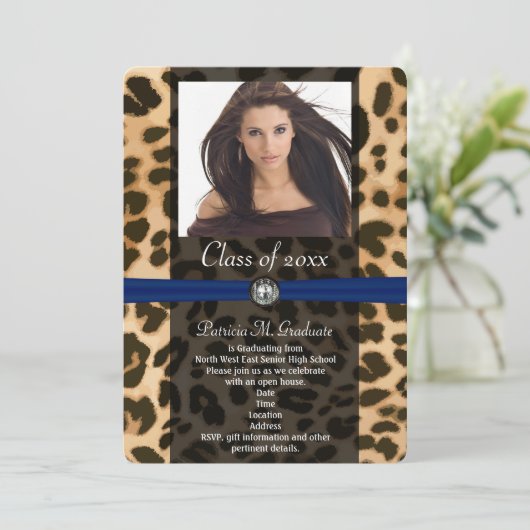 Leopard Blue Ribbon Foto Afstuderen Kaart (Staand voorkant)