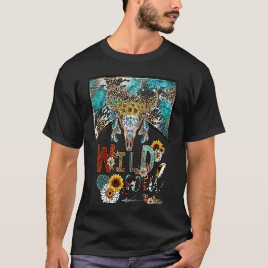 Leopard Boho Bull Skull Wild Soul Hippie Western C T-shirt (Voorkant)