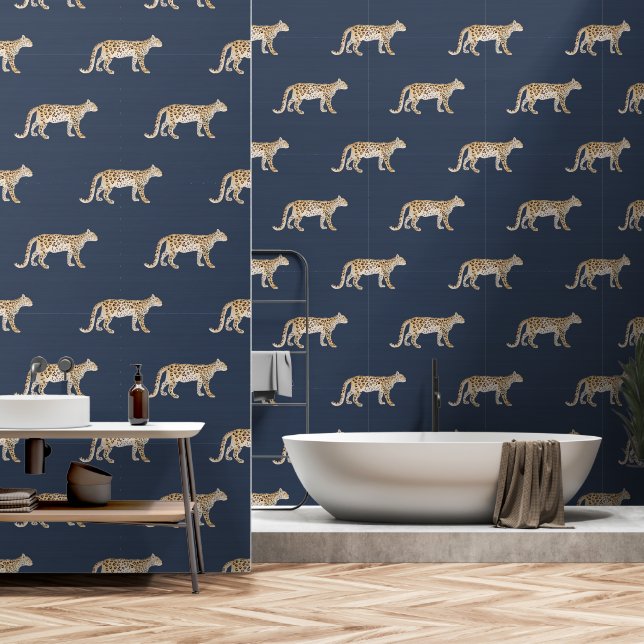 Leopard Botanische Natuur Waterverf Navy Blauw Behang (Badkamer)