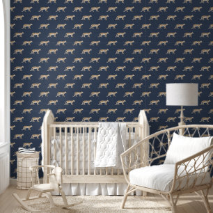 Leopard Botanische Waterverf Navy Blue Boy Nursery Behang