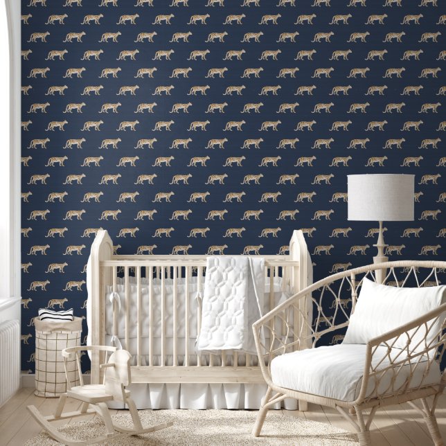 Leopard Botanische Waterverf Navy Blue Boy Nursery Behang (Kinderen)