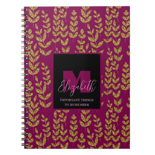 Leopard Botanische Wijn Roze Monogram Aangepaste n Notitieboek (Voorkant)