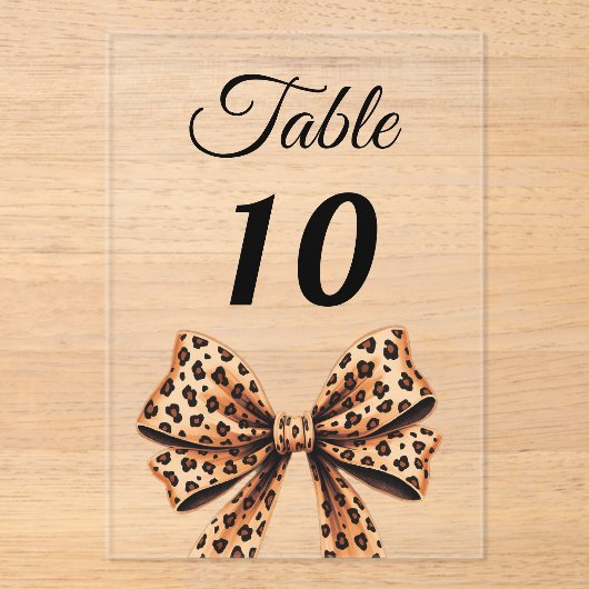 Leopard bow acrylic table number sign acryl uitnodigingen (Voorkant)