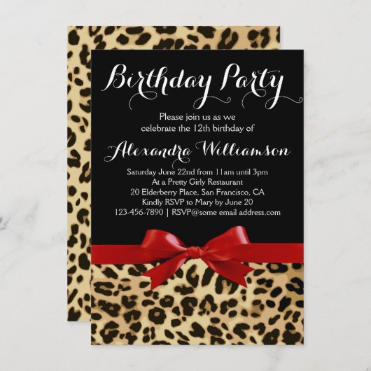 Leopard Bright Red Bow Girl's Birthday Party Kaart (Voorkant / Achterkant)