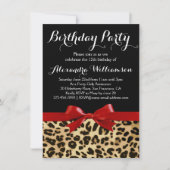 Leopard Bright Red Bow Girl's Birthday Party Kaart (Voorkant)