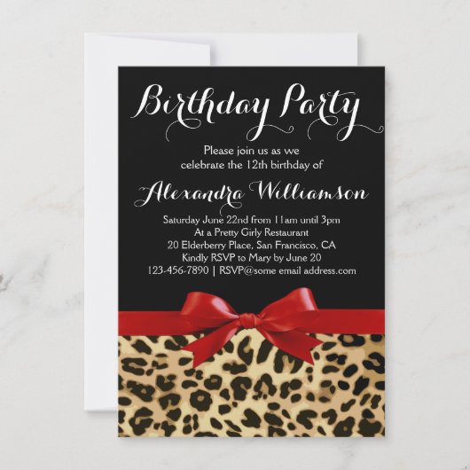 Leopard Bright Red Bow Girl's Birthday Party Kaart (Voorkant)