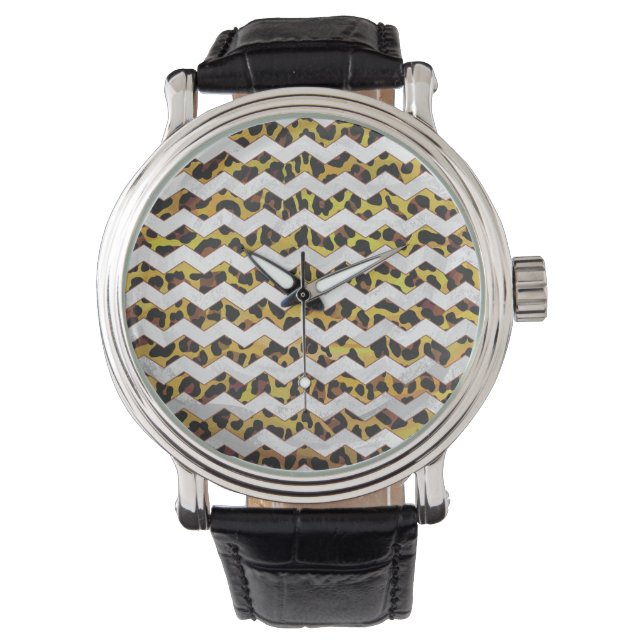 Leopard Brown and Yellow Cevron Print Horloge (Voorkant)