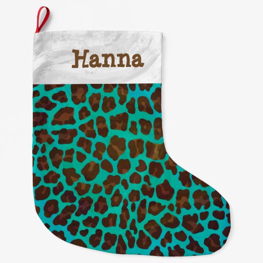 Leopard Brown en Blauwgroen Print Grote Kerstsok (Voorkant)