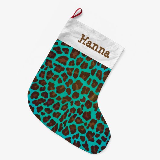 Leopard Brown en Blauwgroen Print Grote Kerstsok (Voorkant (Hangend))