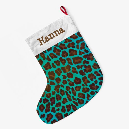 Leopard Brown en Blauwgroen Print Grote Kerstsok (Achterkant (Hangend))