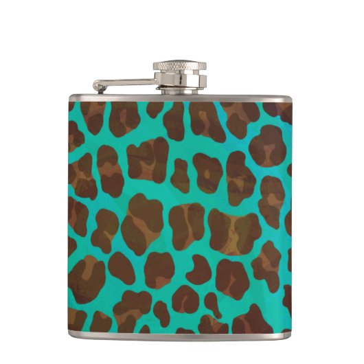 Leopard Brown en Blauwgroen Print Heupfles (Voorkant)