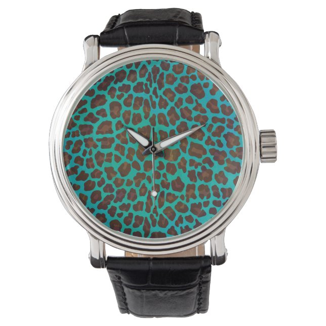 Leopard Brown en Blauwgroen Print Horloge (Voorkant)