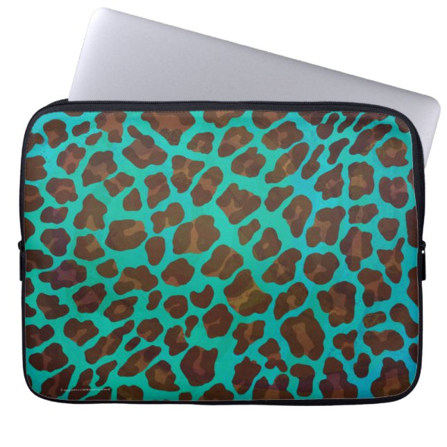Leopard Brown en Blauwgroen Print Laptop Sleeve (Voorkant)