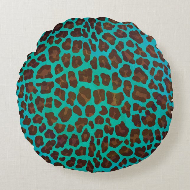 Leopard Brown en Blauwgroen Print Rond Kussen (Voorkant)
