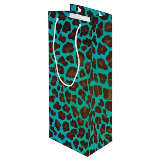 Leopard Brown en Blauwgroen Print Wijn Cadeautas (Achterkant Gekanteld)