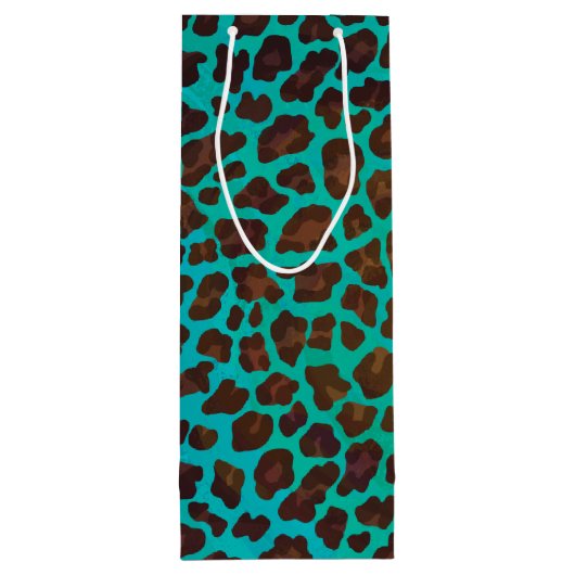 Leopard Brown en Blauwgroen Print Wijn Cadeautas (Achterkant)
