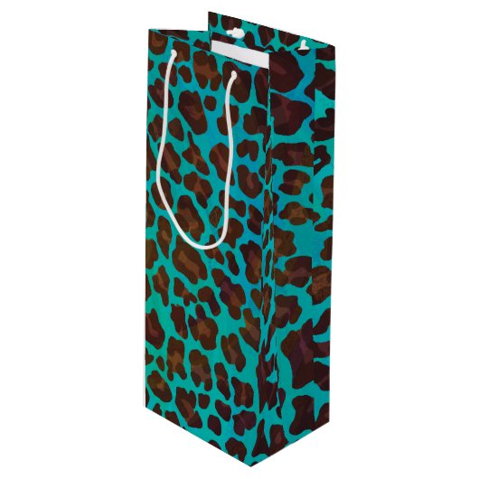 Leopard Brown en Blauwgroen Print Wijn Cadeautas (Voorkant Gekanteld)