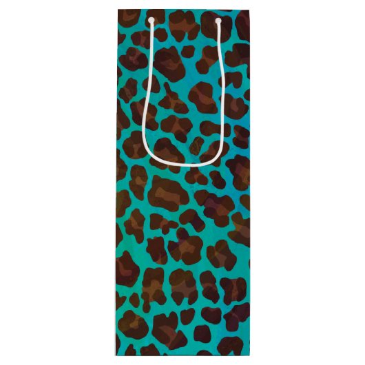 Leopard Brown en Blauwgroen Print Wijn Cadeautas (Voorkant)