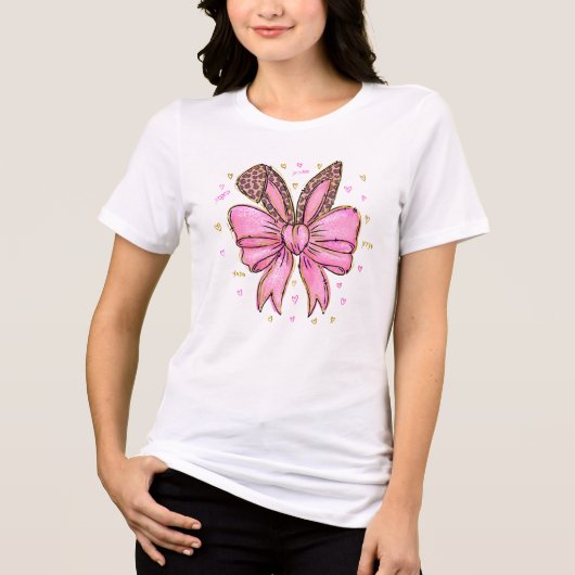 Leopard Bunny Coquette Preppy Bow met oren Tri-Blend Shirt (Voorkant)