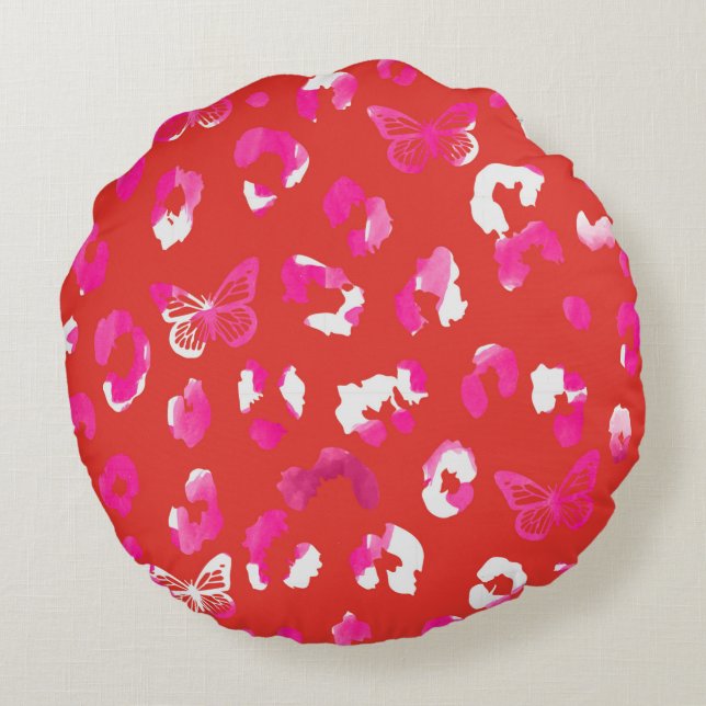 Leopard Butterfly Oranje roze Round Pillow Rond Kussen (Achterkant)