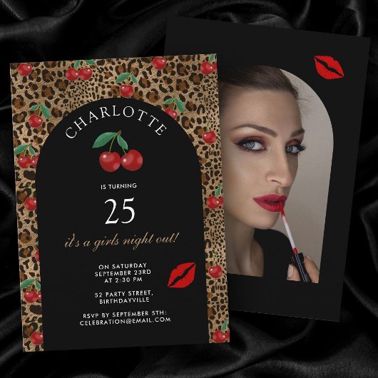 Leopard Cheetah Animal Print Cherry Birthday Photo Kaart