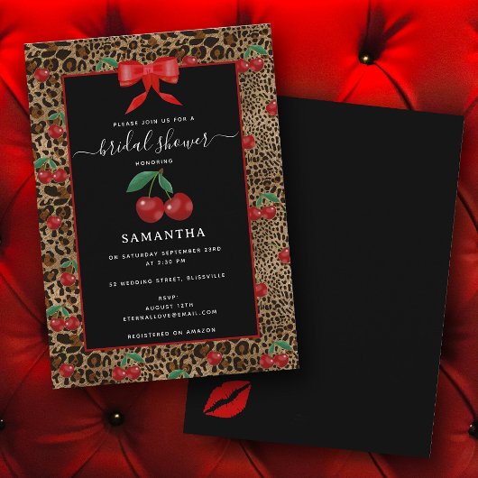 Leopard Cheetah Animal Print Cherry Bridal Shower Kaart