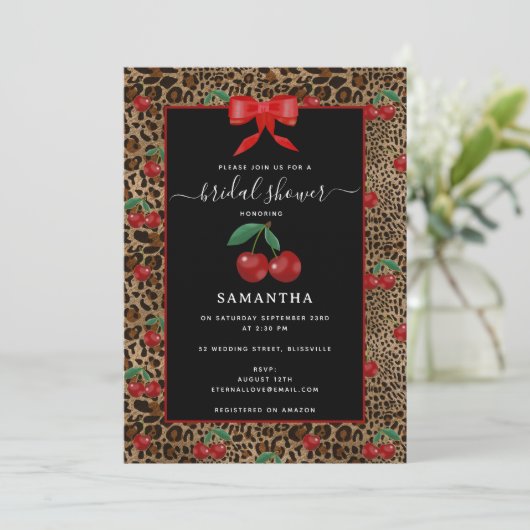 Leopard Cheetah Animal Print Cherry Bridal Shower Kaart (Staand voorkant)