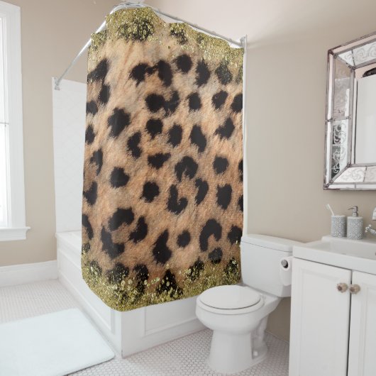 Leopard Cheetah Animal print Gold Glitter Modern Douchegordijn (In situ)