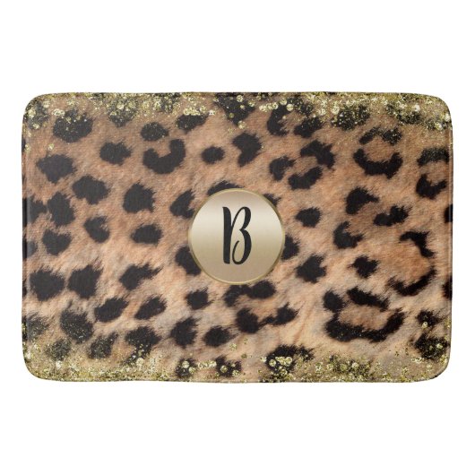 Leopard Cheetah Animal print Gold Glitter Monogram Badmat (Voorkant)