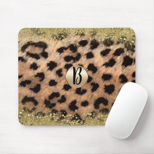 Leopard Cheetah Animal print Gold Glitter Monogram Muismat (Met muis)