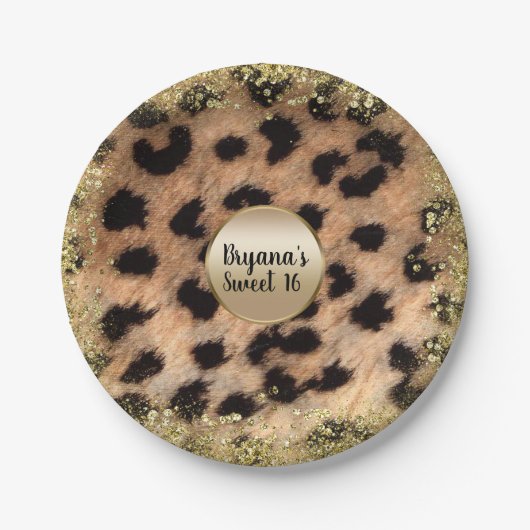 Leopard Cheetah Animal print Gold Glitter Monogram Papieren Bordje (Voorkant)