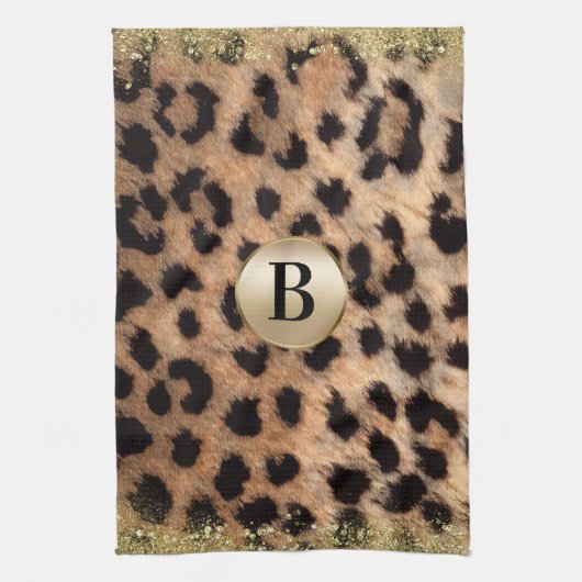 Leopard Cheetah Animal print Gold Glitter Monogram Theedoek (Verticaal)