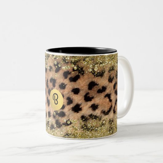 Leopard Cheetah Animal print Gold Glitter Monogram Tweekleurige Koffiemok (Voorkant rechts)
