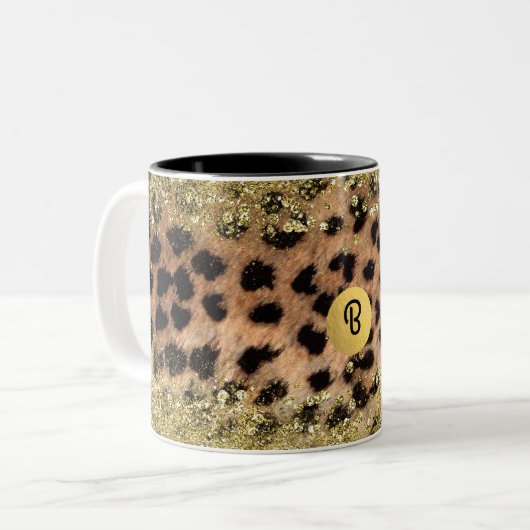 Leopard Cheetah Animal print Gold Glitter Monogram Tweekleurige Koffiemok (Voorkant links)