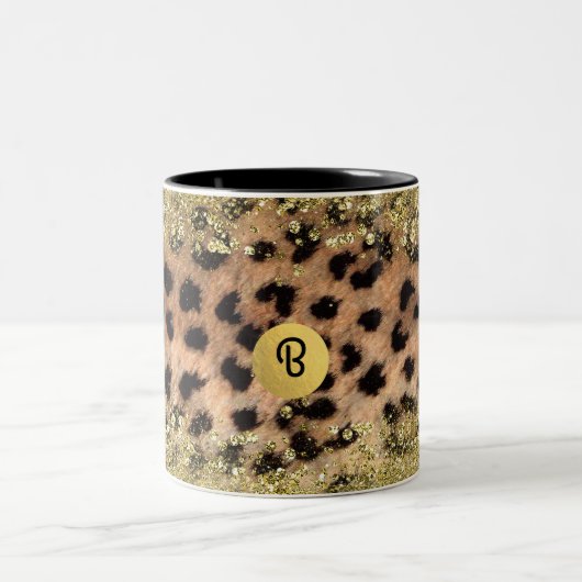 Leopard Cheetah Animal print Gold Glitter Monogram Tweekleurige Koffiemok (Center)