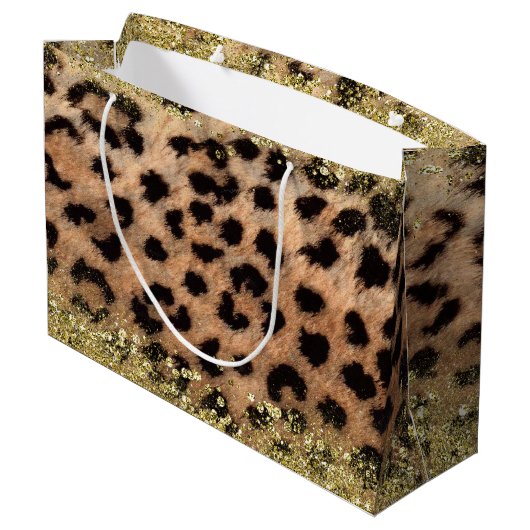 Leopard Cheetah Animal Print Gouden Glitter Trendy Large Cadeautasje (Achterkant Gekanteld)