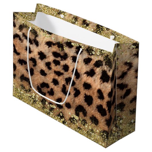 Leopard Cheetah Animal Print Gouden Glitter Trendy Large Cadeautasje (Voorkant Gekanteld)