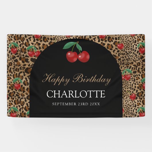Leopard Cheetah Animal Print Red Cherry Birthday Spandoek (Horizontaal)