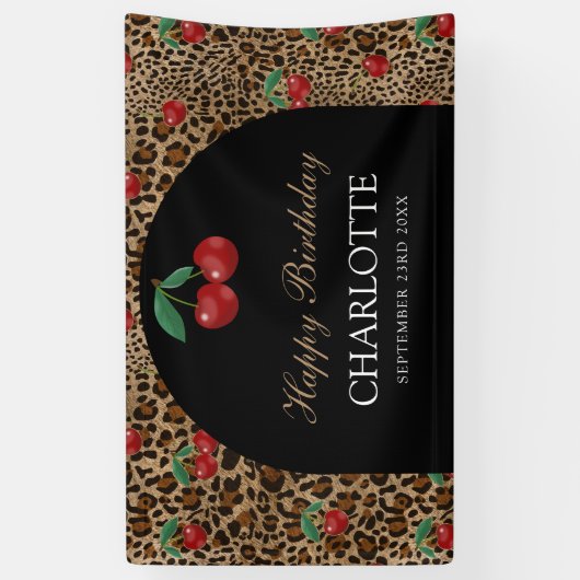 Leopard Cheetah Animal Print Red Cherry Birthday Spandoek (Verticaal)