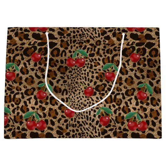 Leopard Cheetah Animal Print Red Cherry Pattern Groot Cadeauzakje (Voorkant)