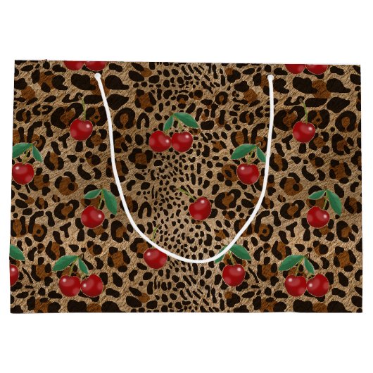 Leopard Cheetah Animal Print Red Cherry Pattern Groot Cadeauzakje (Achterkant)