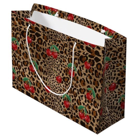 Leopard Cheetah Animal Print Red Cherry Pattern Groot Cadeauzakje (Achterkant Gekanteld)