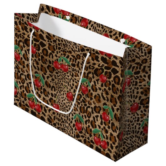 Leopard Cheetah Animal Print Red Cherry Pattern Groot Cadeauzakje (Voorkant Gekanteld)