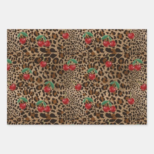 Leopard Cheetah Animal Print Red Cherry Pattern Inpakpapier Vel (Voorkant 3)