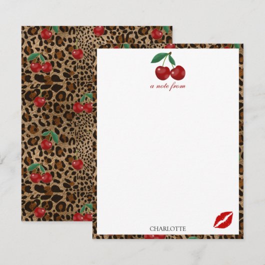 Leopard Cheetah Animal Print Red Cherry Pattern Notitiekaartje (Voorkant / Achterkant)