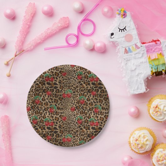 Leopard Cheetah Animal Print Red Cherry Pattern Papieren Bordje (Feest)