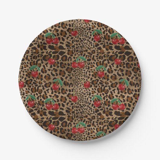 Leopard Cheetah Animal Print Red Cherry Pattern Papieren Bordje (Voorkant)