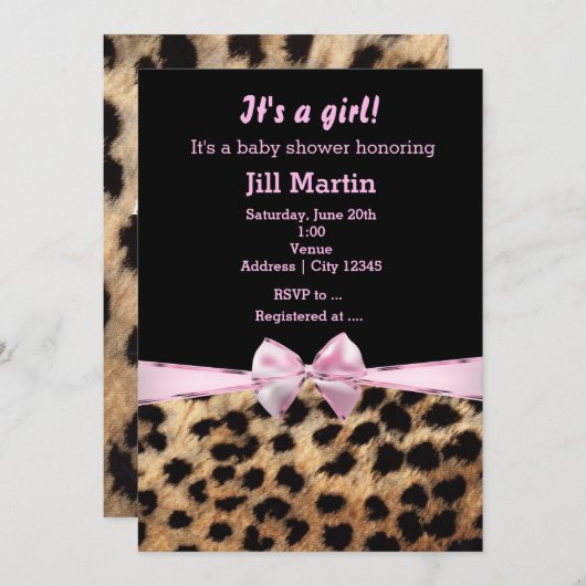 Leopard Cheetah Black Pink Bow Girls Uitnodiging (Voorkant / Achterkant)