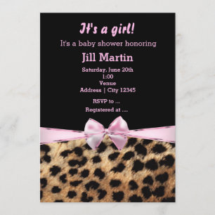 Leopard Cheetah Black Roze Bow Girls Invitation Kaart