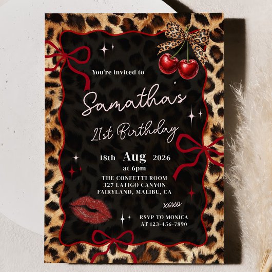 Leopard Cheetah Cherries Birthday Invitation Kaart